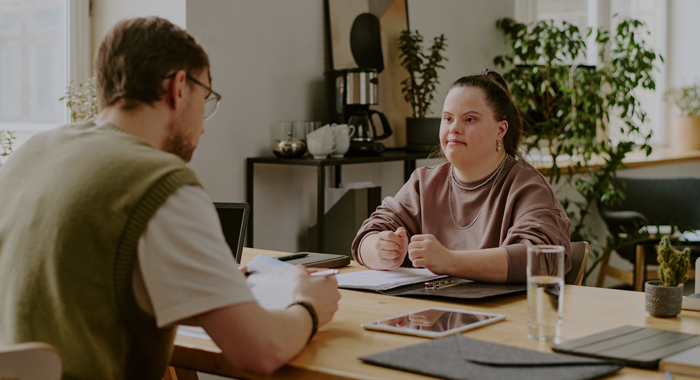 A job candidate in an interview with a hiring manager
